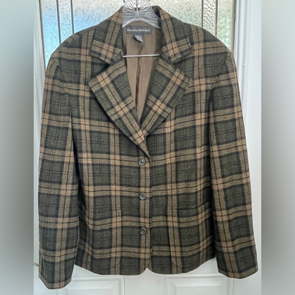 Banana Republic Women Blazer Size 12 Color Plaid Beige Taupe Khaki Green